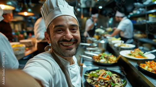 Fototapeta Naklejka Na Ścianę i Meble -  A cheerful chef in a white hat takes a selfie with a bustling restaurant kitchen and freshly prepared dishes in the background.