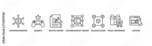 IGO banner web icon illustration concept of initial game offering with icon of crowdfunding, gamefi, white paper, governance token, blockchain, pool rewards and listing