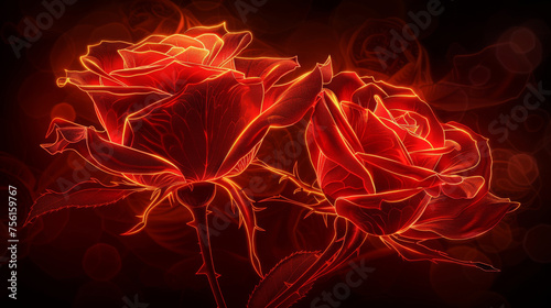 This digital art piece showcases two neon red roses glowing intensely against a dark, bokeh-lit backdrop, exuding a romantic and futuristic vibe.