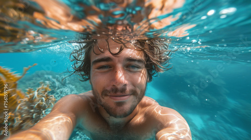 An underwater selfie of a man smiling at the camera, with a clear split-level view of the waterline and sunny skies above. © AI Art Factory