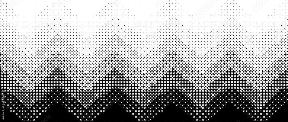 Pixelated zig zag line gradient texture. Black dithered gradation background. Retro bitmap video game wallpaper. Vintage pixel halftone 8 bit overlay print. Vector zigzag striped fading backdrop