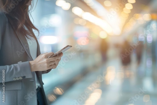 Businesswoman Typing on Smartphone with Blur Background