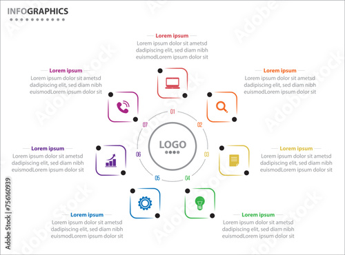 Circle infographic template with 7 options for presentations. Vector infographic design template. diagram, number options. Data visualization. Business concept with 7 steps, seven process.