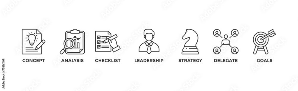 Planning banner web icon illustration concept with icon of concept, analysis, checklist, leadership, strategy, delegate and goals Planning banner web icon illustration concept with icon of concept, analysis, checklist, leadership, strategy, delegate and goals