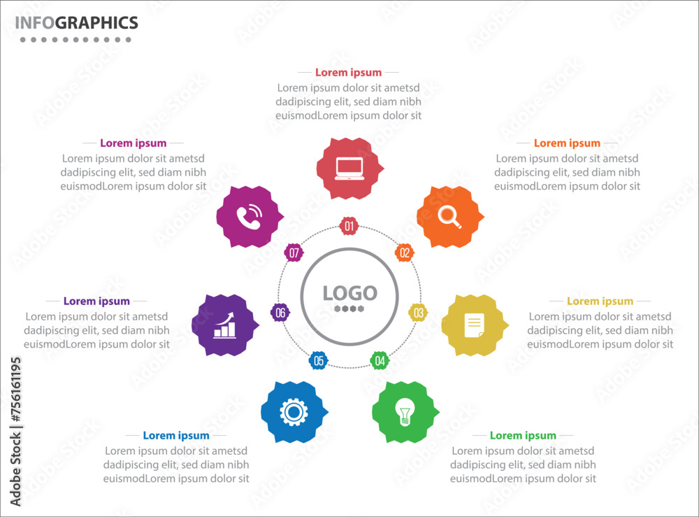 Circle infographic template with 7 options for presentations. Vector infographic design template. diagram, number options. Data visualization. Business concept with 7 steps, seven process.