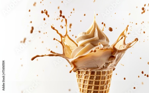 butterscotch ice cream cone with chocolate milk splash