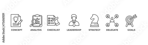 Planning banner web icon illustration concept with icon of concept, analysis, checklist, leadership, strategy, delegate and goals	