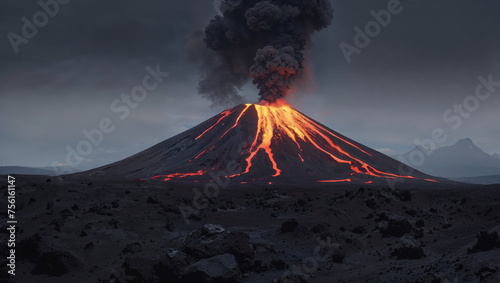 Volcano mountain eruption at twilight with huge billowing black smoke clouds and red hot lava flowing down into barren rocky magma landscape.