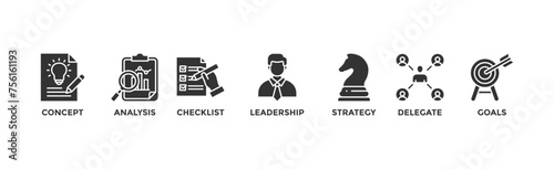 Planning banner web icon illustration concept with icon of concept, analysis, checklist, leadership, strategy, delegate and goals	