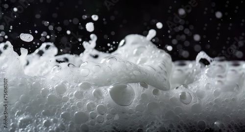 detergent foam and bubbles on black background, soap bubbles and foam
