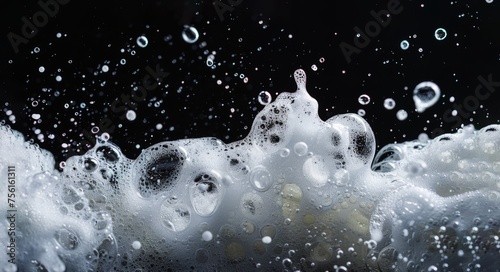 detergent foam and bubbles on black background, soap bubbles and foam
