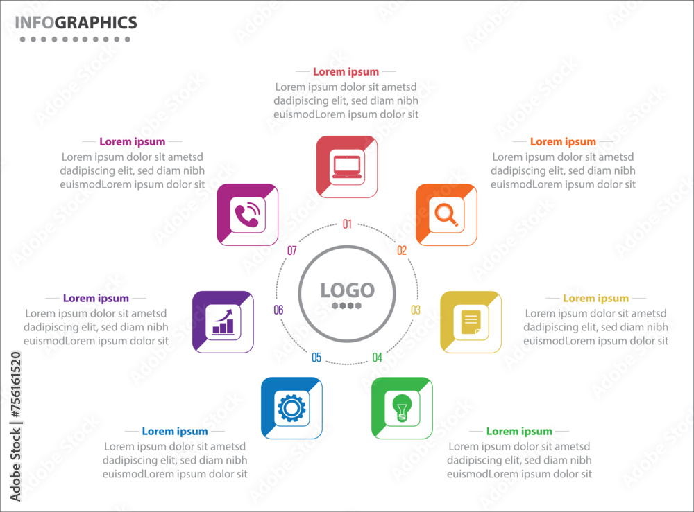 Circle infographic template with 7 options for presentations. Vector infographic design template. diagram, number options. Data visualization. Business concept with 7 steps, seven process.