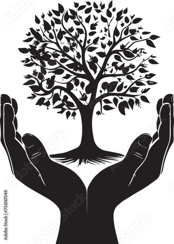 Human hands with Tree black silhouette with leaves on white background
