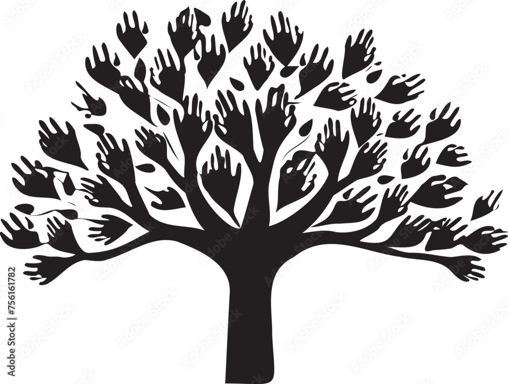 Obraz premium Human hands with Tree black silhouette with leaves on white background