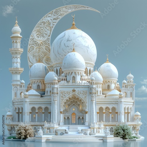 3d isometric mosque sunset sky moon holy night Islamic night and silhouette mosque Islamic wallpaper