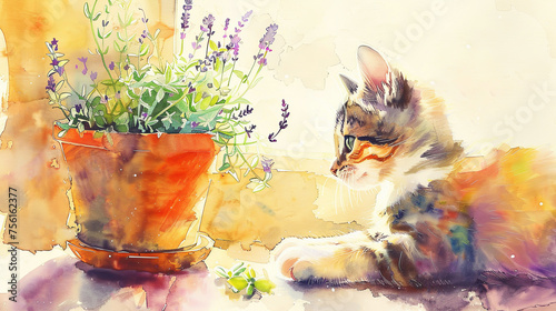 Kitten nibbling on a plant in a pot. Herb  near window. Banner