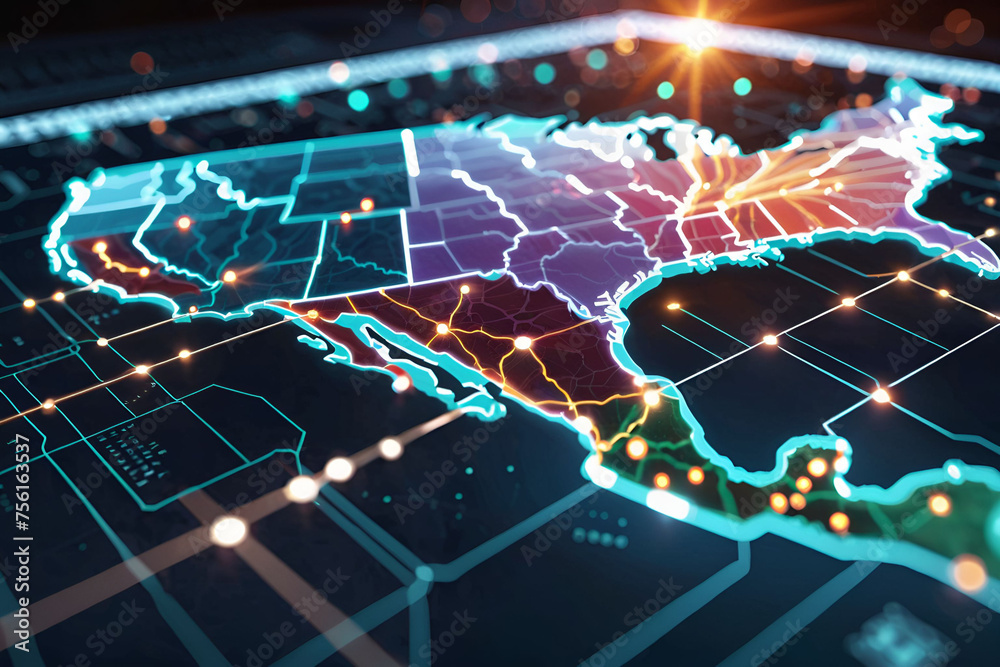 Digital map of North America, concept of USA global network and connection, data transfer and cyber technology, information exchange and telecommunication. Generative AI Digital map of North America, concept of USA global network and connection, data transfer and cyber technology, information exchange and telecommunication. Generative AI