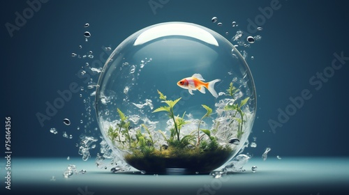 Hyper-realistic fishbowl collage with minimalist purity  clean background  and dreamy lighting  creating an astonishing underwater masterpiece.