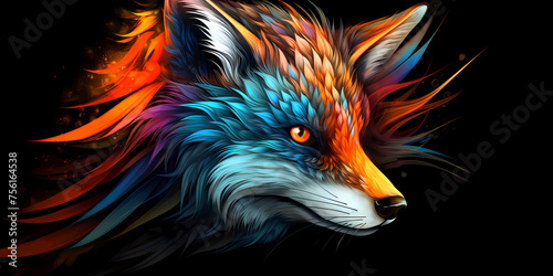 Colorful and vibrant illustration of an animal head, with long hair flowing in the wind, against black background 
