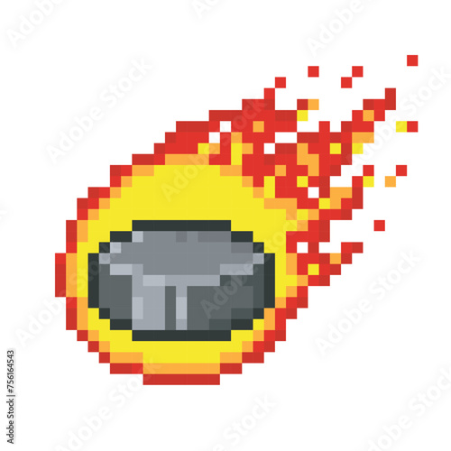 Hockey puck in fire, pixel art sport