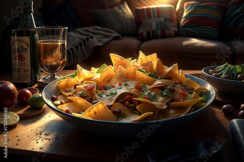 Nachos with salsa and guacamole on wooden table