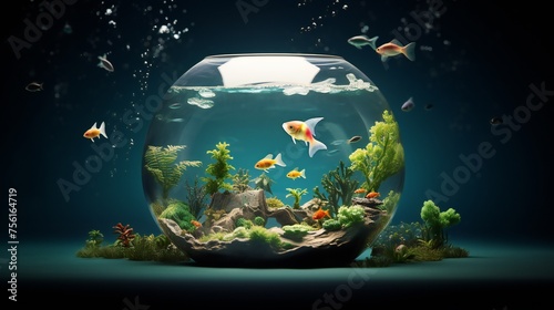 Mesmerizing aesthetics in a fishbowl collage, expertly combining realistic and fantastical elements, with dreamy lighting against a clean background. © HAMEEDA