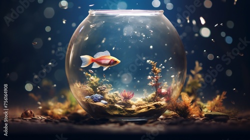 Mix of realism and fantasy in a fishbowl collage, with cinematic lighting creating a visually stunning composition and plenty of copy space. © HAMEEDA