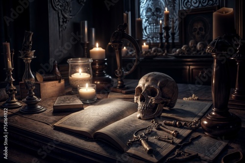 Still life with human skull, magic books and candlesticks. Halloween concept.