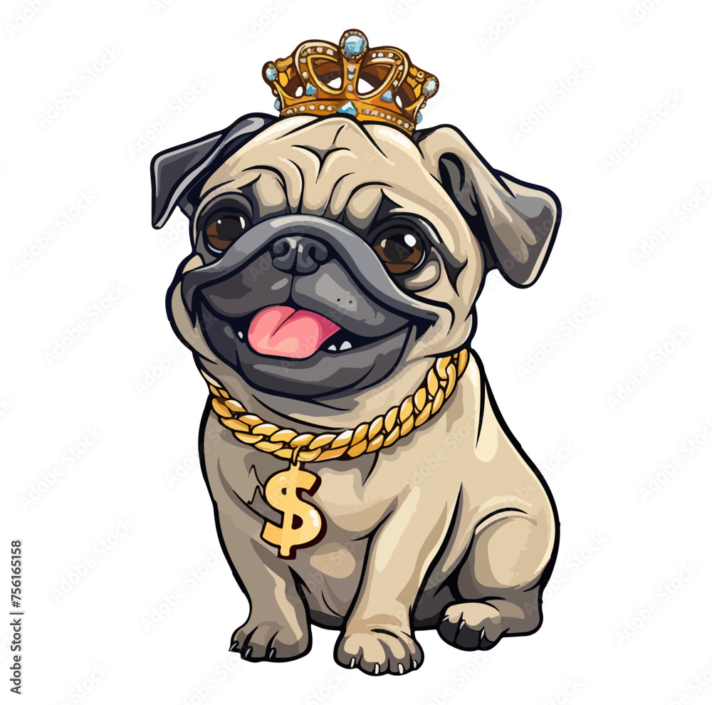 Pug wearing a kings crown with a golden chain bling necklace encrusted dollar sign vector illustration