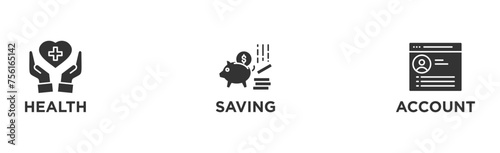 HSA banner web icon illustration concept for health saving account with icon of healthcare, growth, id card, and accounting	