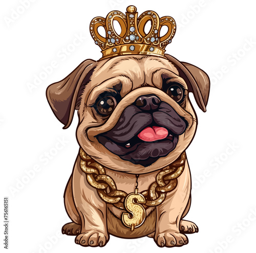 Pug wearing a kings crown with a golden chain bling necklace encrusted dollar sign vector illustration