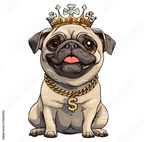 Pug wearing a kings crown with a golden chain bling necklace encrusted dollar sign vector illustration