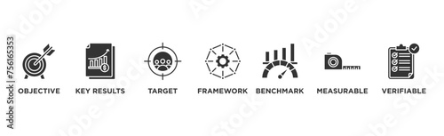 OKR banner web icon vector illustration concept for objectives and key results with icon of objective, key results, target, framework, benchmark, measurable, and verifiable	
