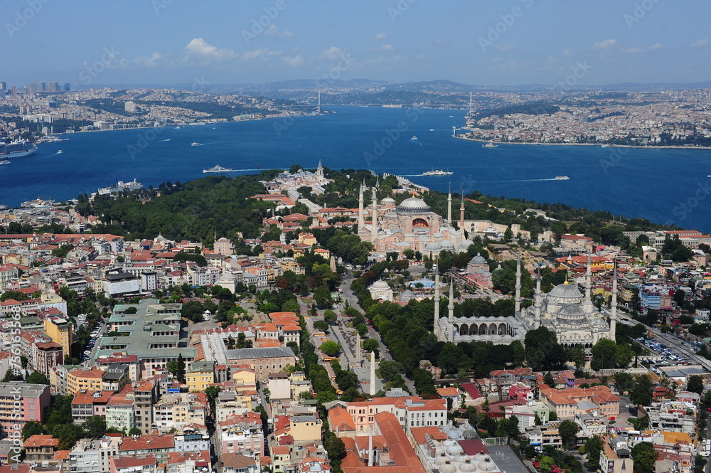 view of the city, Istanbul, Historical Peninsula, Sultanahmet Mosque, Hagisophia, Ayasofya, Topkapi Palace. Istanbul, Turkey. 