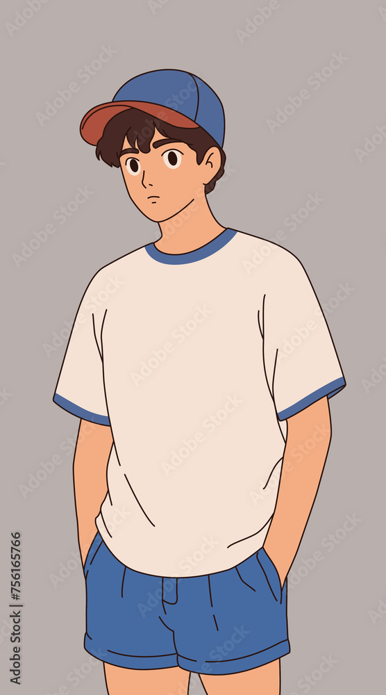 A young man wearing a baseball t-shirt and shorts, hands in his trouser pockets, character illustration design A young man wearing a baseball t-shirt and shorts, hands in his trouser pockets, character illustration design
