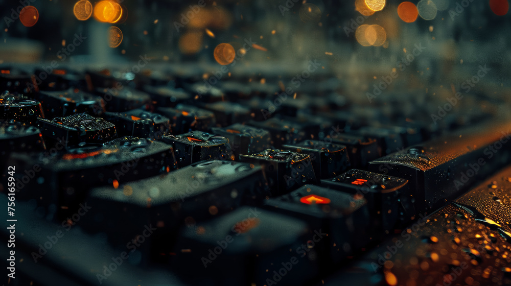 A keyboard with a wet surface and a blurry background