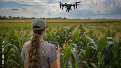 A woman with a remote control operating a drone in the maize field