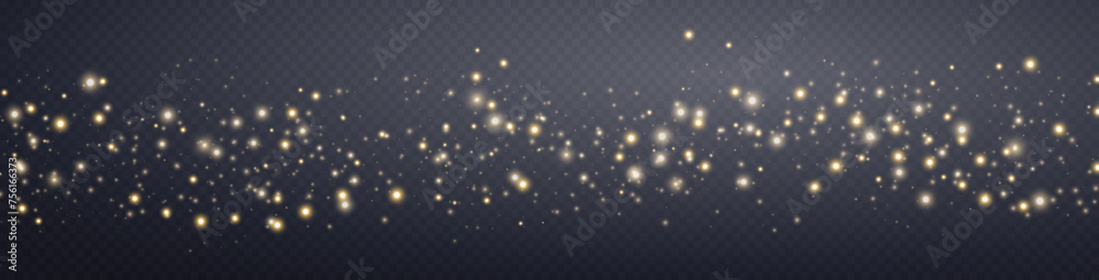 Gold glittering dots, particles, stars magic sparks and dust. Glow flare light effect. Gold luminous points. Vector particles on transparent background.