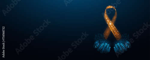Two human hands are holds orange ribbon awareness. Leukemia awareness month concept. Abstract vector illustration on dark blue background.