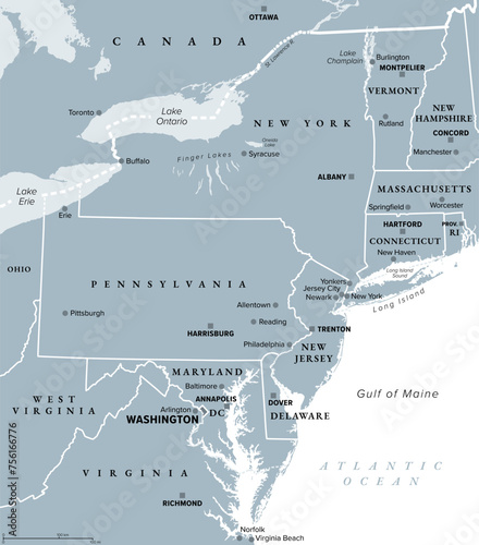 Mid-Atlantic region of the United States, gray political map. The overlap between the Northeastern and Southeastern states, including Delaware, D.C., Maryland, New Jersey, New York and Pennsylvania. photo