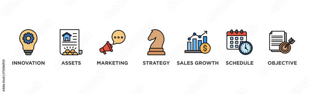 Fototapeta premium Business plan banner web icon vector illustration concept with icon of innovation, assets, marketing, strategy, sales growth, schedule, and objective 