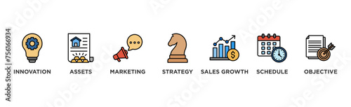 Business plan banner web icon vector illustration concept with icon of innovation, assets, marketing, strategy, sales growth, schedule, and objective	