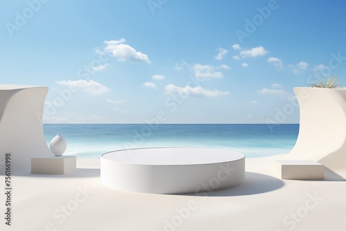 White sand podium for presentation beach background 