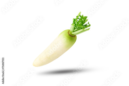 Flying white Korean radish with shadow isolated on the white background.