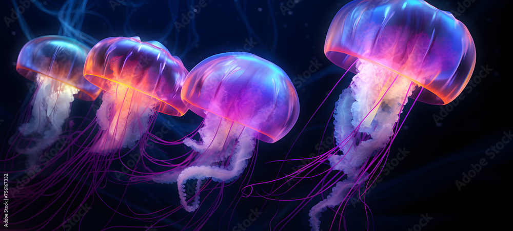 glowing jellyfish in the darkness of the deep sea, ai generative glowing jellyfish in the darkness of the deep sea, ai generative