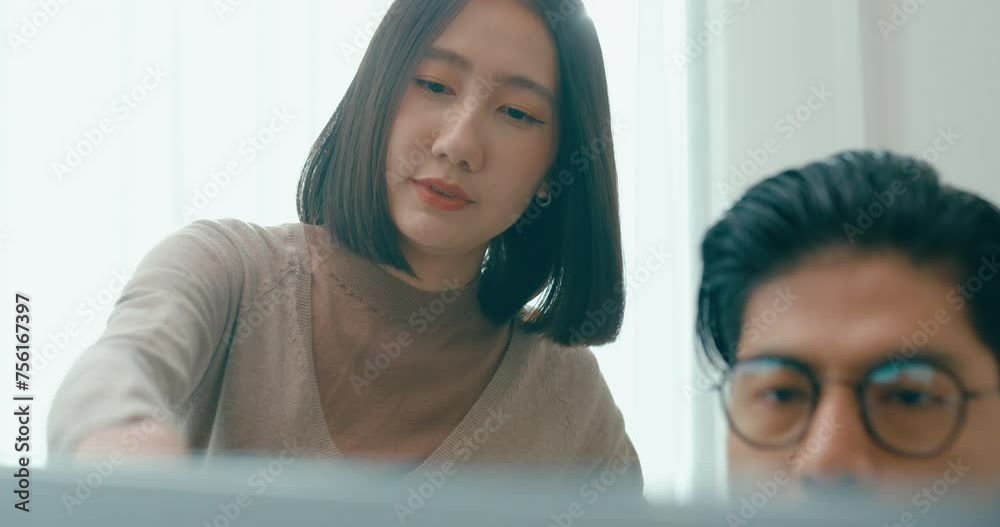 Closeup group Adult Asia male, female freelance meeting write prompt AI bot IT app smart program nomad, video game, talk strategy, discuss plan, user interface, designer, data center desktop computer.