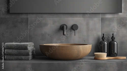 Sink and soap and hairbrush on gray background. In bathroom