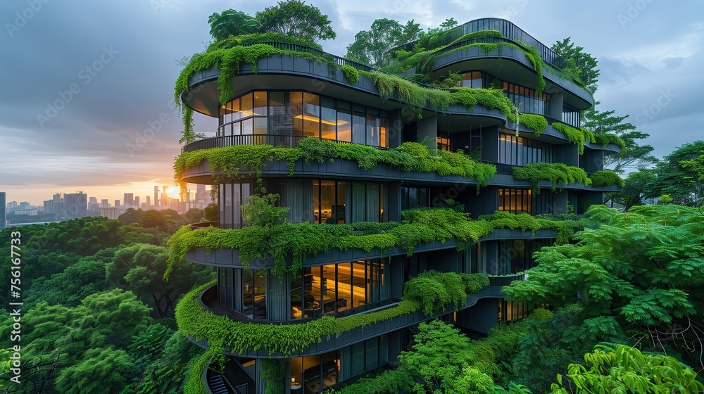 Futuristic urban landscape combined with lush greenery. and the coexistence of cities and nature which is a symbol of sustainable urban living
