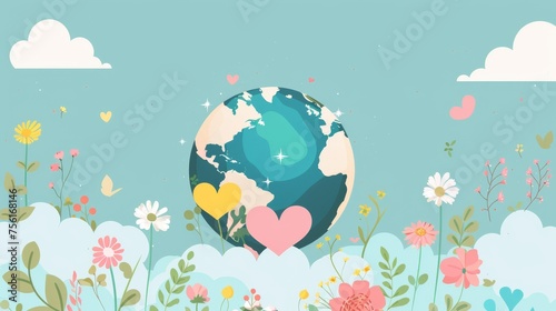 Modern illustration of a happy Earth Day concept. Save the earth  globe  flower  heart hugging earth  cloud. It could be used for a Web page  banner  campaign  or a social media post.