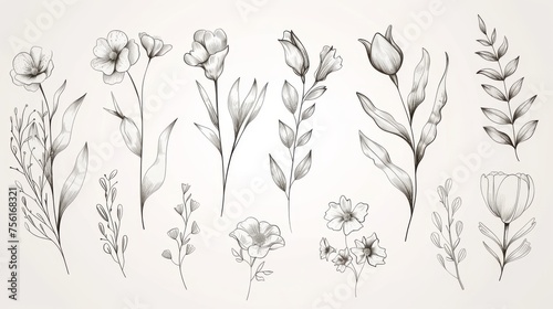 Set botanical modern elements. Foliage  branch  floral  eucalyptus leaves  tulip in line art. Minimal style blossom illustration design for logo  wedding  invitation  decor.